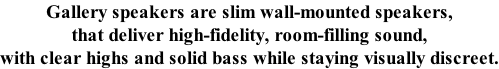 Gallery speakers are slim wall-mounted speakers, that deliver high-fidelity, room-filling sound, with clear highs and solid bass while staying visually discreet.