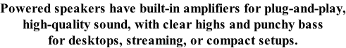 Powered speakers have built-in amplifiers for plug-and-play, high-quality sound, with clear highs and punchy bass for desktops, streaming, or compact setups.